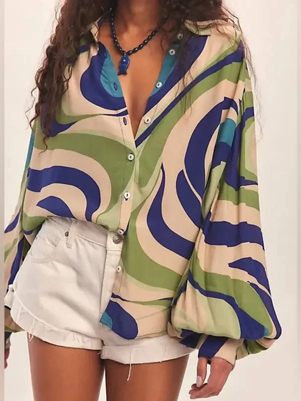 NWT Free People Joy Printed Button Down Shirt in Teal & Blue Combo - Image 3