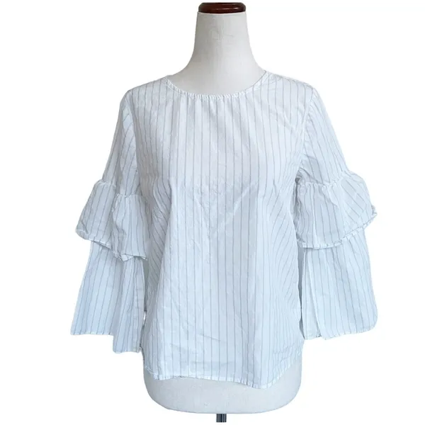 Madewell Tiered‎ Ruffled Flare Accent Sleeves White Grey Striped Blouse - XS - Image 6