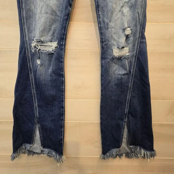 {29} KanCan Distressed Blue Jean Split Flare Hem Fringe Detail - Image 5