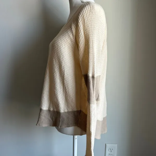 FP One Cream and Brown Boho Colorblock Thermal Ribbed Blouse Size M - Image 3