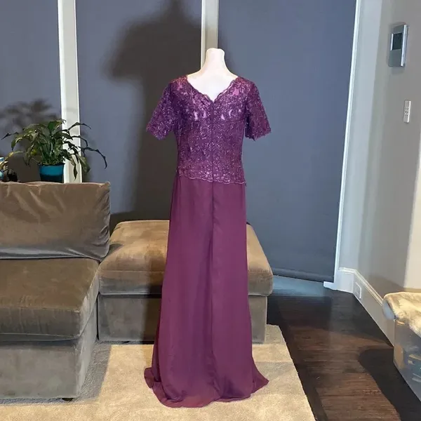 Women’s Full Length Purple Short Sleeve Chiffon Dress Lace Appliqué Size 10 - Image 5