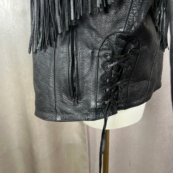Womens Black Leather Fringe Motorcycle Jacket Red Rose Embroidery Western Size M - Image 4
