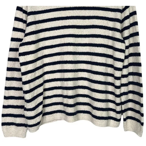 J. Crew Striped Knit Boucle Mock Neck Long Sleeve Sweater L Cream Navy Blue - Image 6