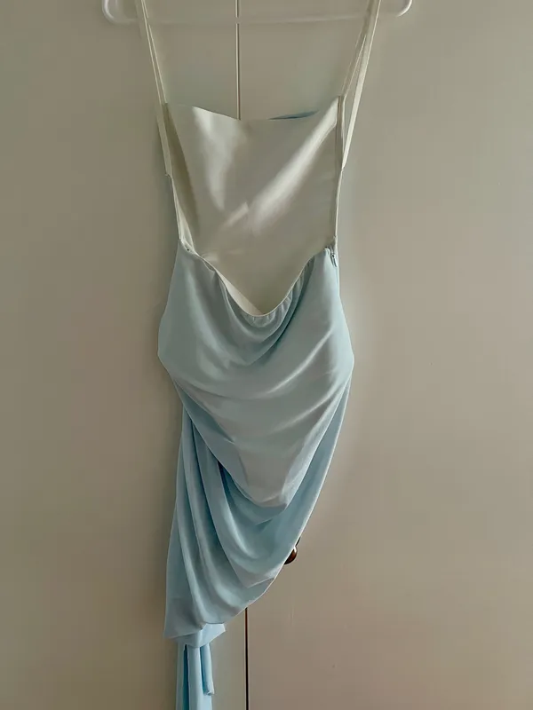 Light Blue Sheer Ruched Sexy Open Back Asymmetrical Dress Size Small - Image 3