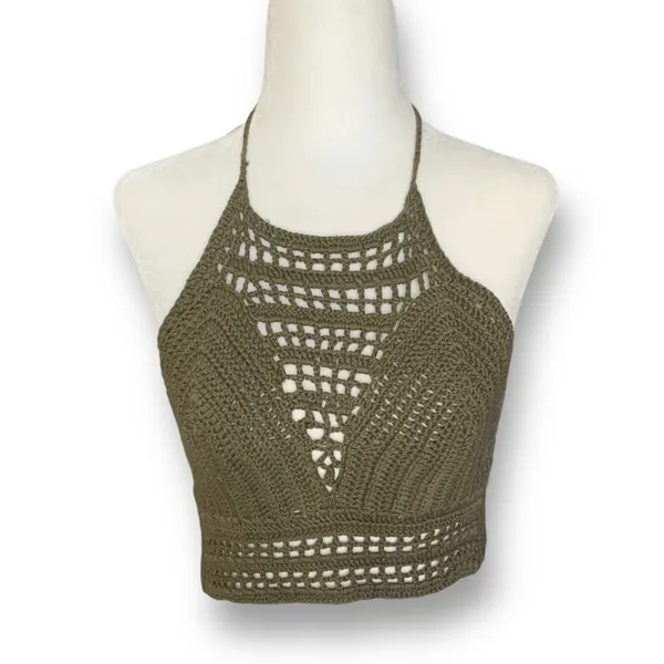 Charlotte Russe Crochet Knit Halter Olive Green Open Back Festival Crop Top‎ Small Forrest Fairy - Image 3