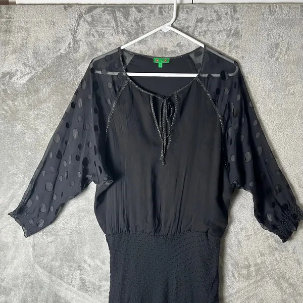 Tibi Black Silk Chiffon Dress Sheer Polka Dot Sleeves Tie Neck Size 2 XS‎ - Image 2