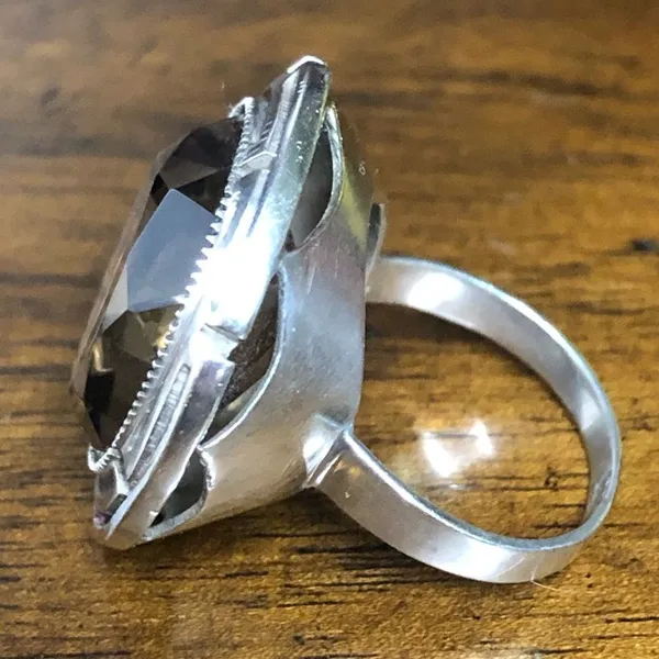 Faceted Smokey Quartz and Sterling Silver Vintage Cocktail Ring Size 6 - Image 5