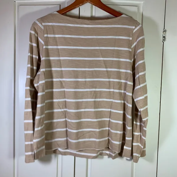 Old Navy Womens LS Mariner Tee Tan White Striped Boat Neck Cotton Top L Nautical - Image 8
