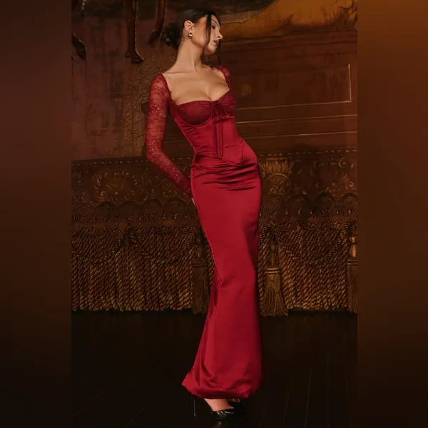 House of CB PERDI Berry Satin Maxi Dress With Corset M PLUS CUP - Image 3