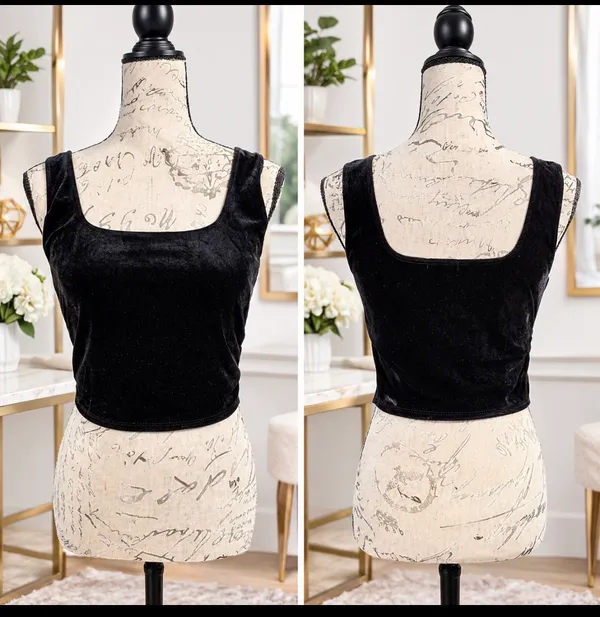Bozzolo Black Velvet Square Neck Crop Tank Top - Size Large - Image 3