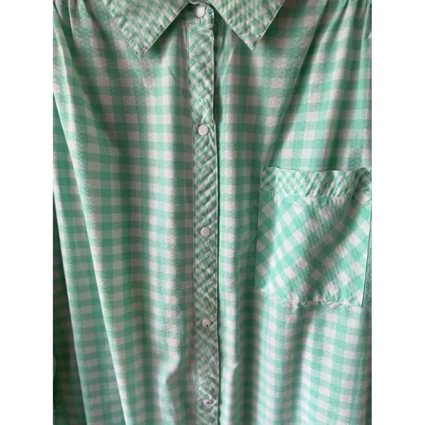 Vintage Mint Green Gingham Nightgown Button Front Midi Sleep Dress - Image 4