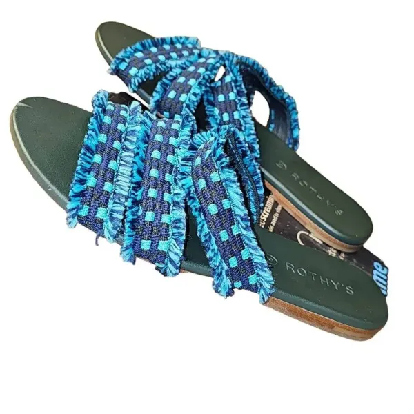 Rothy's Womens Blue Fringe Triple Fabric Strap Slide On Flat Sandals‎ 6 - Image 2