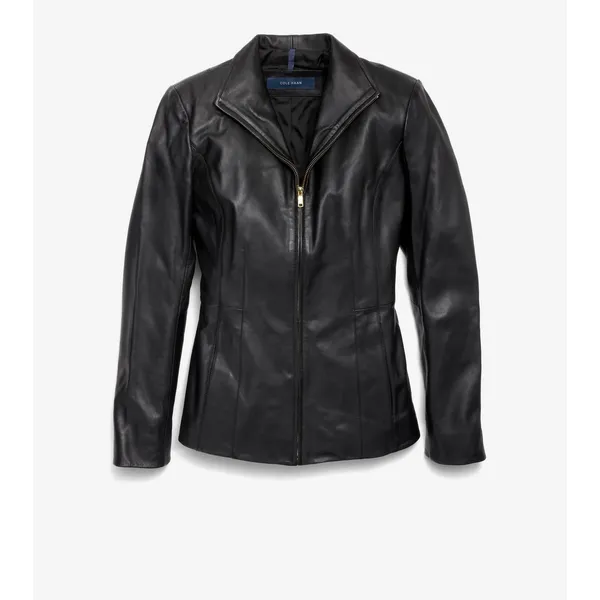Cole Haan Womens Black Genuine‎ Lambskin Leather Wing Collar Zip Jacket Medium - Image 3