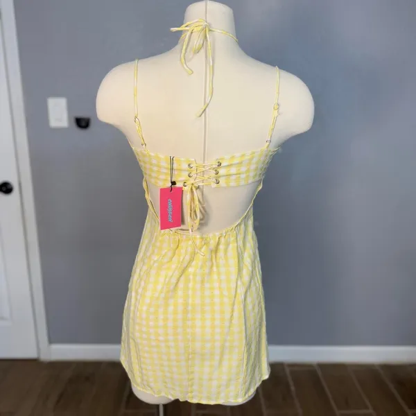 NWT Edikted Yellow Gingham Open Back Lace Up Mini Dress M - Image 2