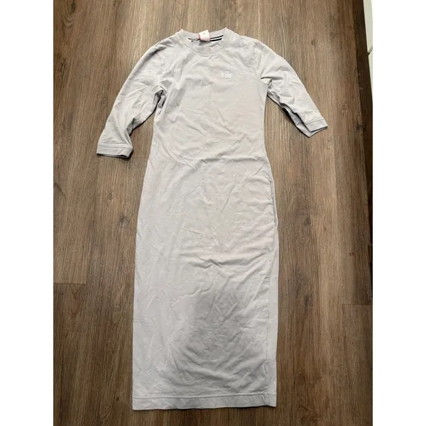 Nike Womens 3/4 Sleeve Midi Bodycon Dress Lavender Grey Script Logo Small - Image 2