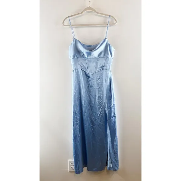 ZARA Satin Corset Style Top Sleeveless Maxi Slip Dress with Slit Sky Blue Medium - Image 3