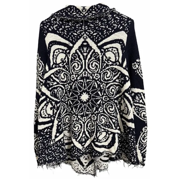 Free People Mandella‎ Intarsia Cardigan Knit Jacket Black/White Women's Size Lg - Image 2