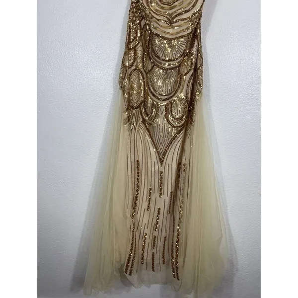Angel Fashions Strapless Gold Sequin Beaded Long Gown Dress Women Size L - Image 4