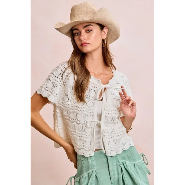 BiBi Front Bow Tie Detail Pointelle Knit Top - Ivory - XL - Image 3