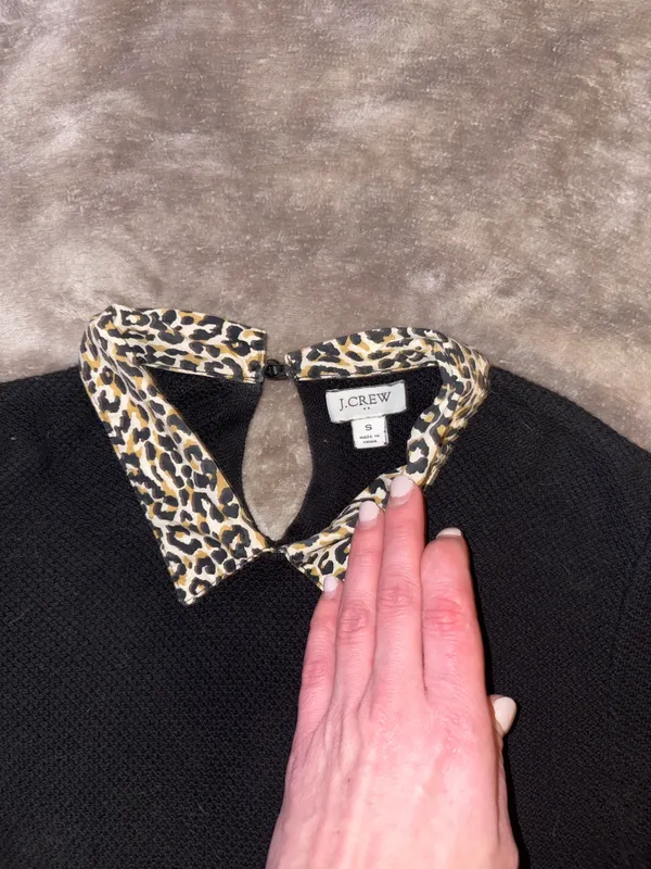 J.Crew Black Sweater with Leopard Print Collar - Image 3