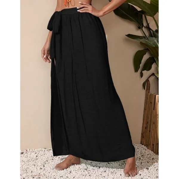 SheIn Black Wrap Swim Cover Up Skirt Maxi Side Slit Tie Waist Beach Size‎ S - Image 3