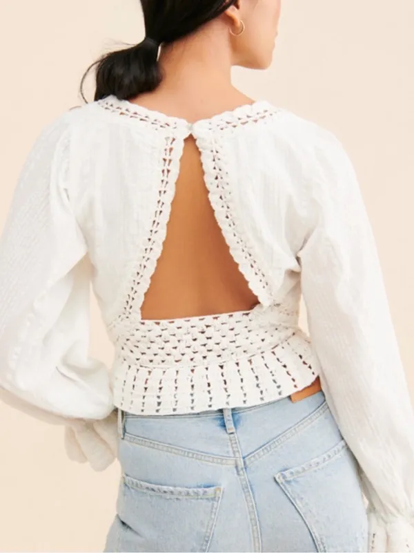 Free People Megan Crochet Top Creamy White Boho Long Sleeve Blouse size large - Image 2