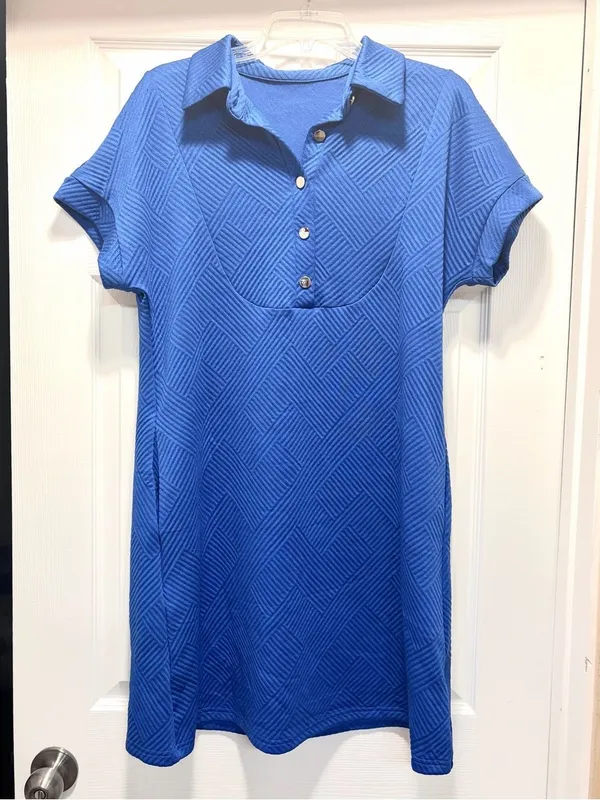 Amazon Boutique Royal Blue Textired Zig Zag Button Front Short Sleeve Mini Dress M - Image 2