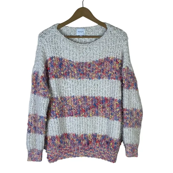 Gilli Striped Popcorn Knit Boat Neck Sweater White Multicolor Boho Size M - Image 2