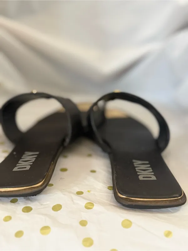 DKNY Black Leather Slide Sandals with Gold Accents - Image 3