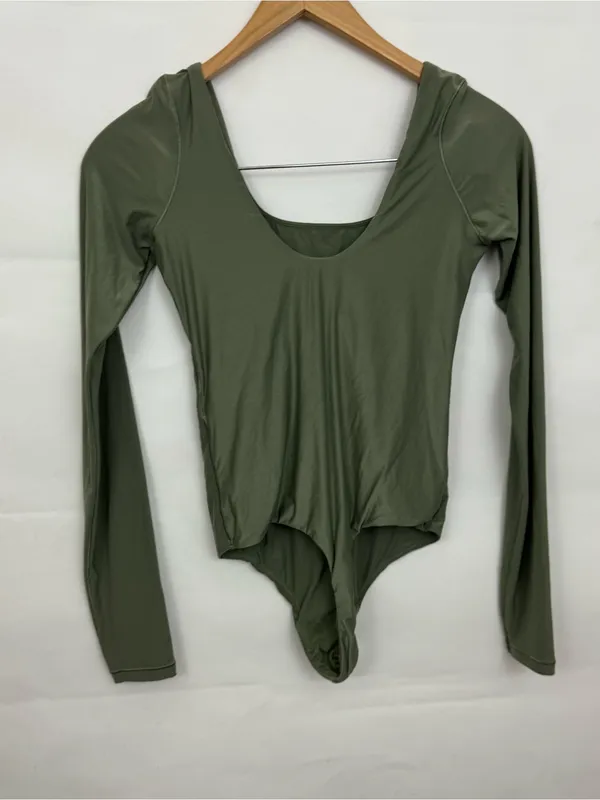 American Eagle aerie SMOOTHEZ Long Sleeve Plunge Bodysuit Olive Green Med - Image 5