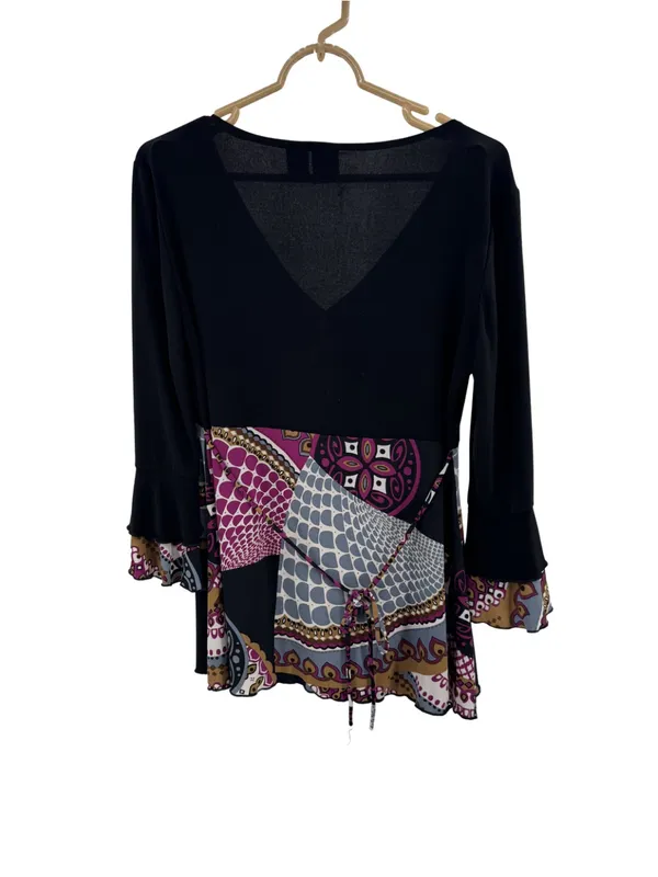 Suzie In The City Black Tunic babydoll ruffle L top Y2K abstract mixed prints - Image 2