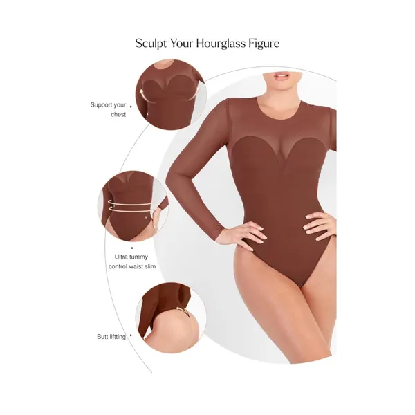 NWT Popilush Brown Long Sleeve Mesh Shapewear Bodysuit Tummy Control Large - Image 2