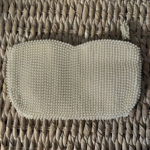 Vintage Purse White Beaded with Satin Lining Art Deco Small Zip‎ Closure Star - Image 2