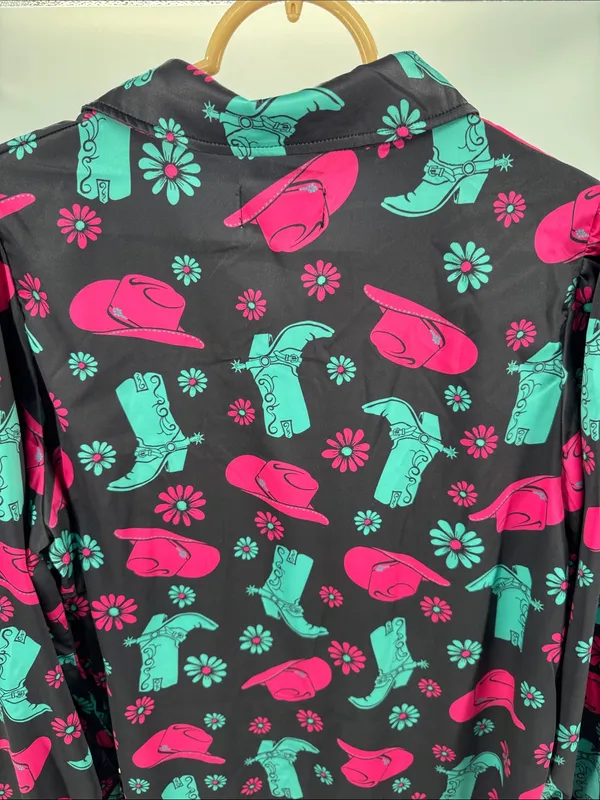 Jess Lea Black Mini shirt Dress with Pink & Teal Western Print M cowboy boots - Image 8