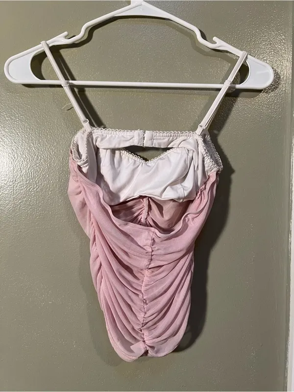 Women's Ruched Corset Cami Tank Top Light Pink White Semi-Sheer Sweetheart Neck - Image 6