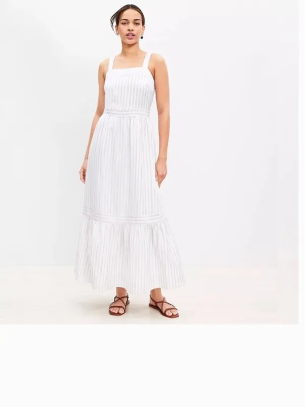 NWT LOFT Shimmer Striped Linen Blend Square Neck Midi Dress - Image 2