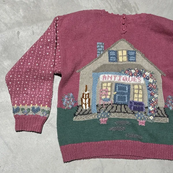 Vintage Hand Knitted Cardigan Sweater SZ L Cottagecore Antiques Farm House Pink - Image 13