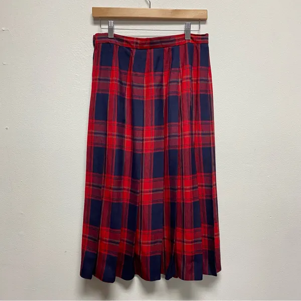 Vintage Talbots Tartan Pleated Midi Skirt Women Sz 10 P Blue Red Y2K Linen Blend - Image 6