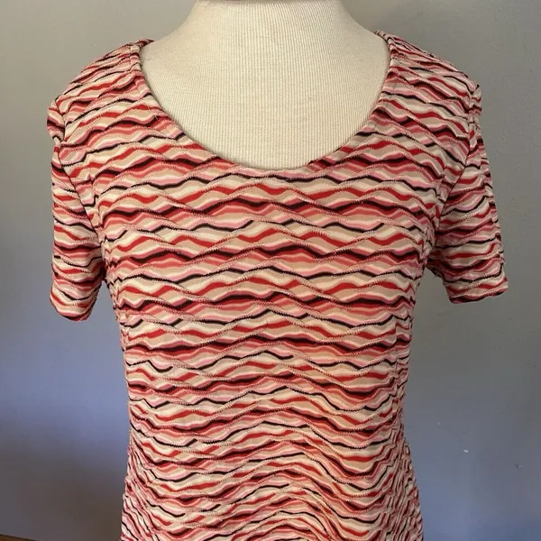 Vintage 90s Textured Wavy Maxi‎ Dress Red Pink Chevron Stretchy Retro Fall L - Image 2