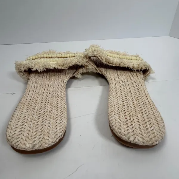 Woven Straw Slide Sandals Beige Fringe Pom Pom Trim‎ Flat Beach Size 10 - Image 4