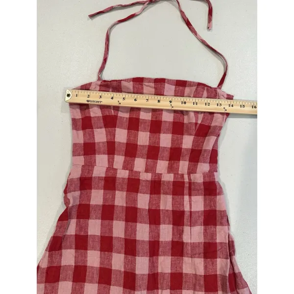 Reformation Halter Plaid Mini Dress 4 Red 100% Linen Festival Travel Vacation - Image 5