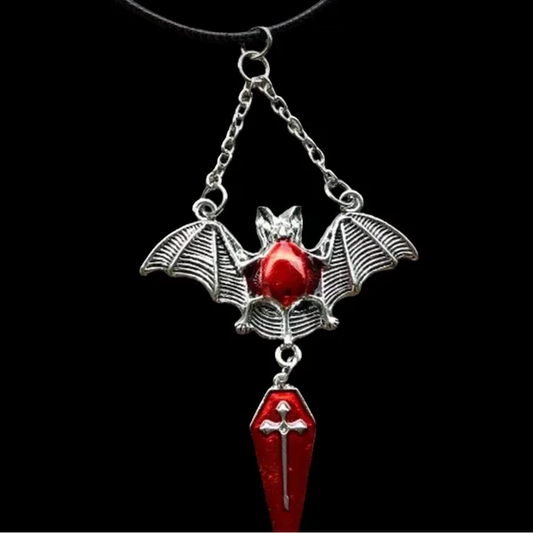 1pc‎ Red Bat & Coffin Gothic Bohemian Style Black Rope Necklace - Image 7