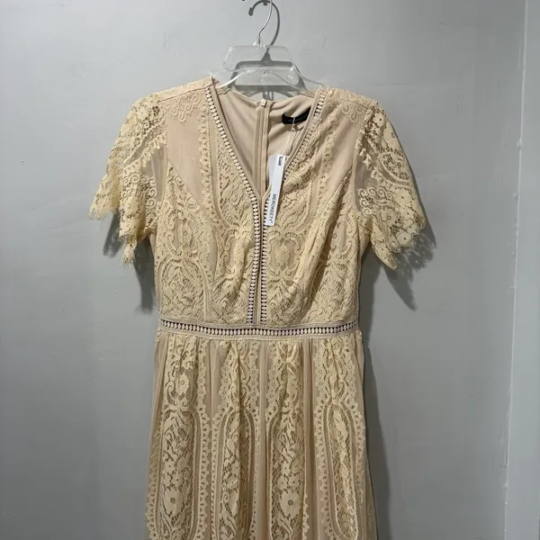 MEROKEETY Beige Nude Lace‎ Floral Maxi Dress Sz M Sheer Boho Romantic Fairy NWT - Image 5