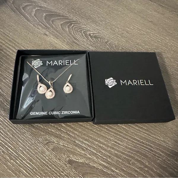 Mariell Rose Gold Pearl Necklace Drop Earrings Wedding Set Brides Bridesmaids - Image 5
