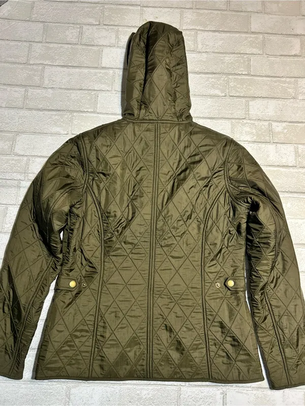 Barbour Millfire PolarQuilt Hooded Jacket in Olive Green size US 8 - Image 2