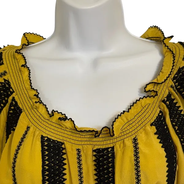 ANTHROPOLOGIE‎ FLOREAT Inky Quills Mustard Yellow Embroidered Silk Mini Dress 0 - Image 3