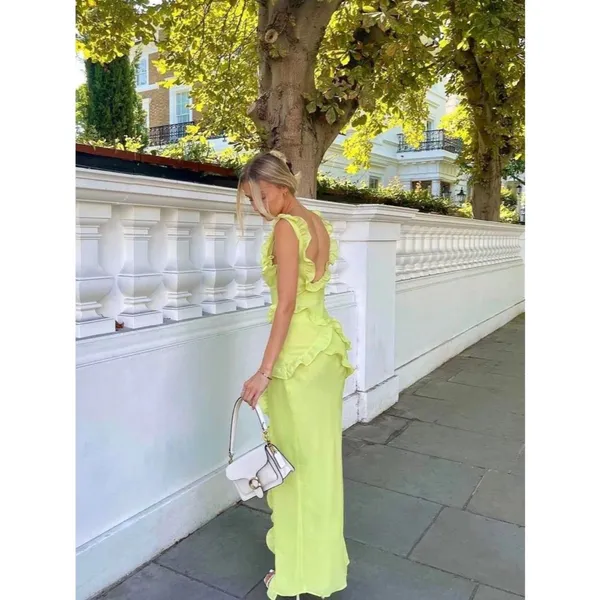 House of CB Ruffle Trim Plunge Maxi Dress S - Lime Green - Image 3