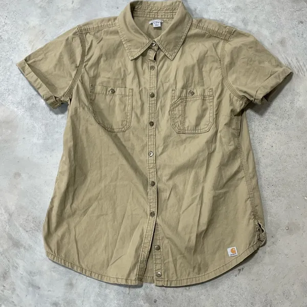 Carhartt Womens Brown Duck Short Sleeve Top Blouse Button Down Size Medium 8-10 - Image 2