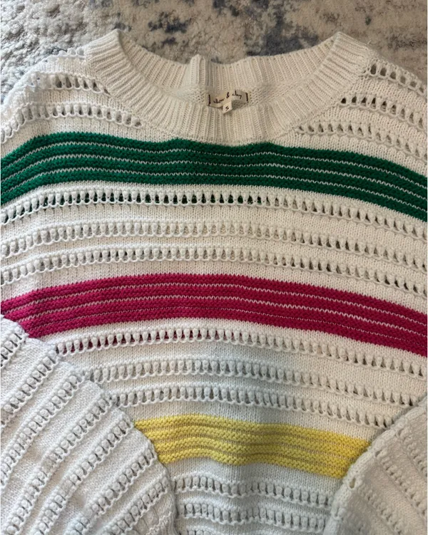Willow & Clay White Knit Sweater with Green, Pink & Yellow Stripes - Image 3