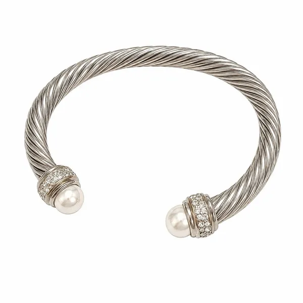 Silver stainless steel Twisted Cable Cuff Bangle Bracelet Pearl Clear Crystal - Image 2